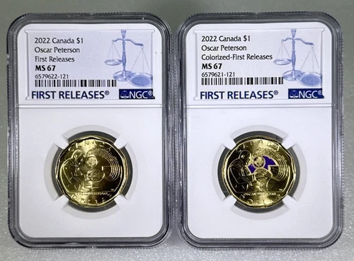 2022 $1 CANADA NGC MS67 OSCAR PETERSON LOON LOONIE DOLLAR MATCHED 2-COIN SET