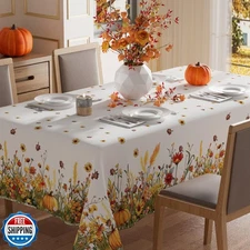 XCHI Fall Color Wild Flowers Pumpkin Tablecloth Rectangle Washable Table Cove