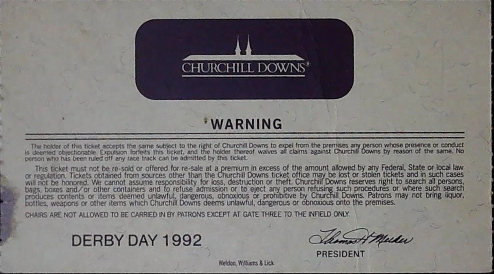 Boleto del Derby de Kentucky 118th Clubhouse Louisville Churchill Downs 02/05/1992 Foto 2 de 2