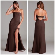 Azazie Ganache Sheath Strapless Chiffon Convertible Maxi Dress Size 6 Brown Gown