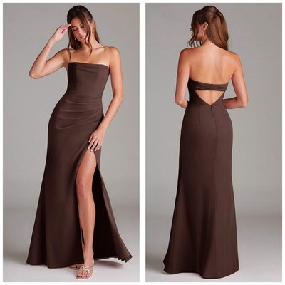 Azazie Ganache Sheath Strapless Chiffon Convertible Maxi Dress Size 6 Brown Gown
