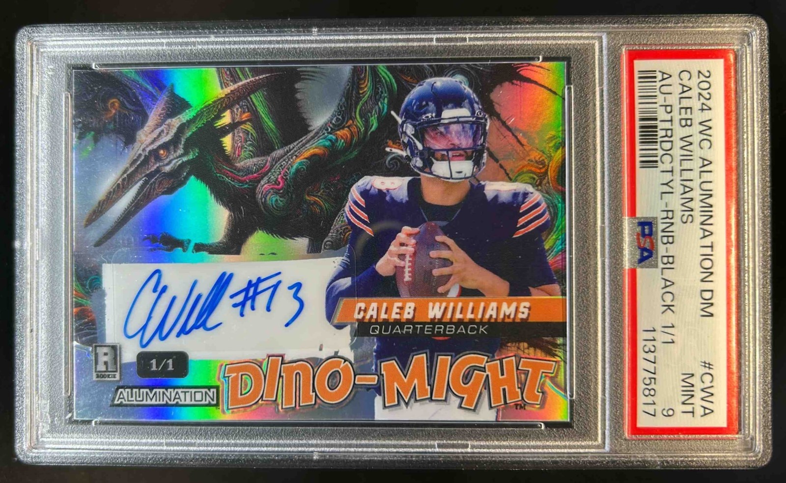 Caleb Williams Wild Card Alumination Dino-Might Autographs #CWA Pterodactyl-Rainbow Foil-Black 1/1