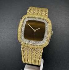 Jaeger LeCoultre 18K Gold Tiger Eye Pave Diamond Dial Manual Wind Watch 1970's