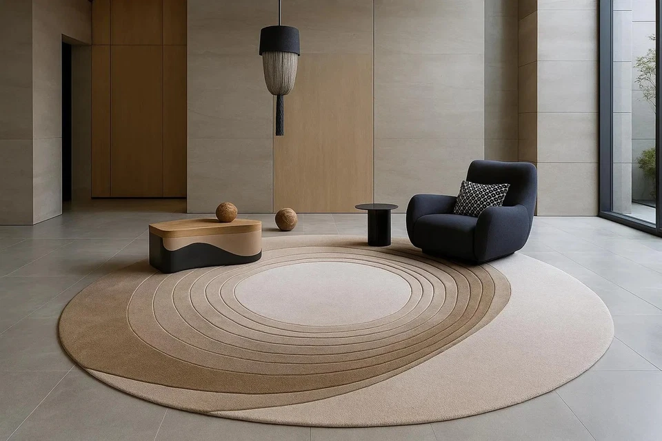 Round Wool Rug Handmade 8x8 Modern Layered Pattern Carpet Living Room Bedroom - Image 2 of 4