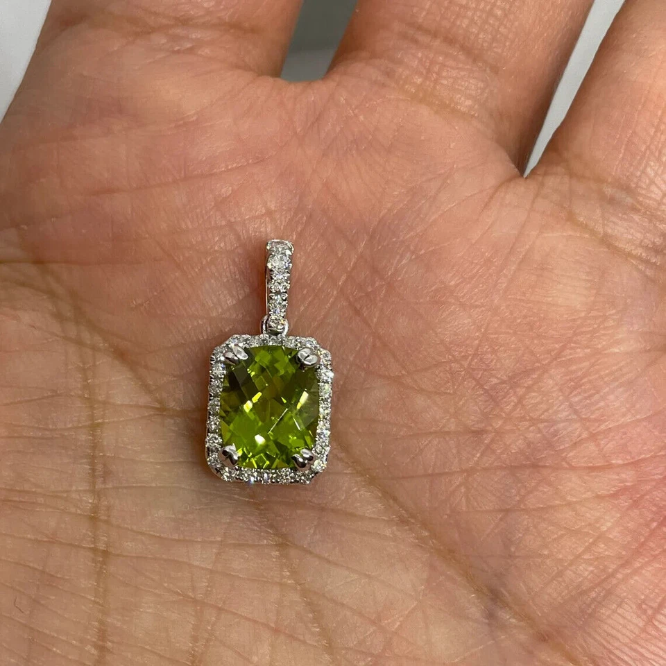 1.50Ct Cushion Cut Simulated Peridot Women's Halo Pendant 14K White Gold Plated - Image 3 of 4