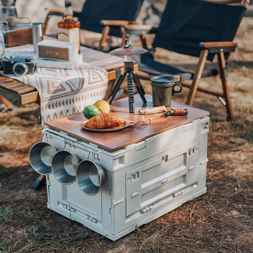 Folding Outdoor Camping Picnic Food Storage Box Wooden Lid Car Boxes  Container