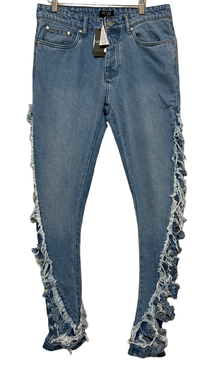 New BOOHOOMAN Skinny Extreme Distressed Flare Button Fly Jeans Pants Mens  32Rx32