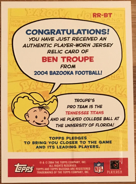 2004 Bazooka Rookie Roundup Jerseys Ben Troupe RR-BT Tennessee Titans - Image 2 of 3