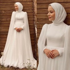Elegant Chiffon Muslim Wedding Dress With Cape O Neckline Long Sleeves A Line