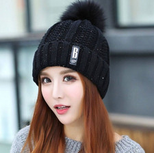 Women Knitted Slouchy Beanie Hat with Faux Fur Pom Pom Winter Warm Ski Caps Hat