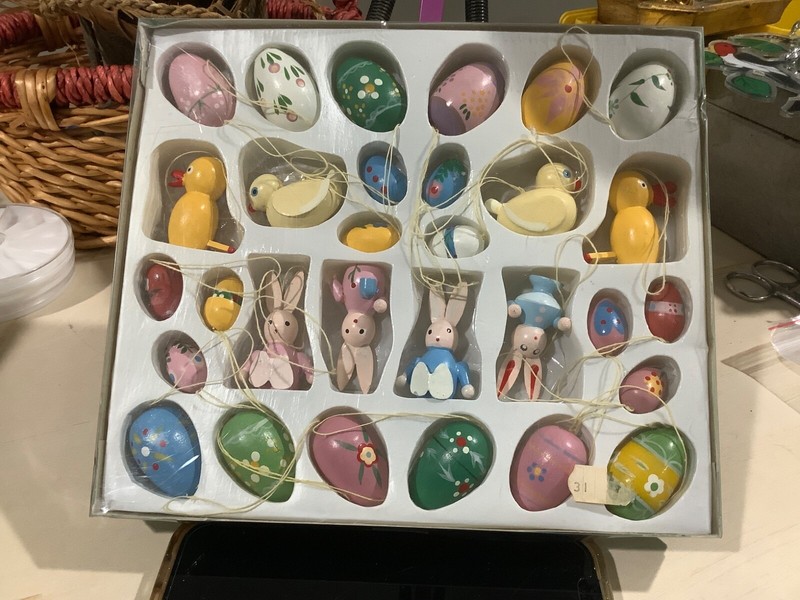 Set of 24 Easter Ornaments Wooden Hand Painted Mini Eggs for Tree NiB
