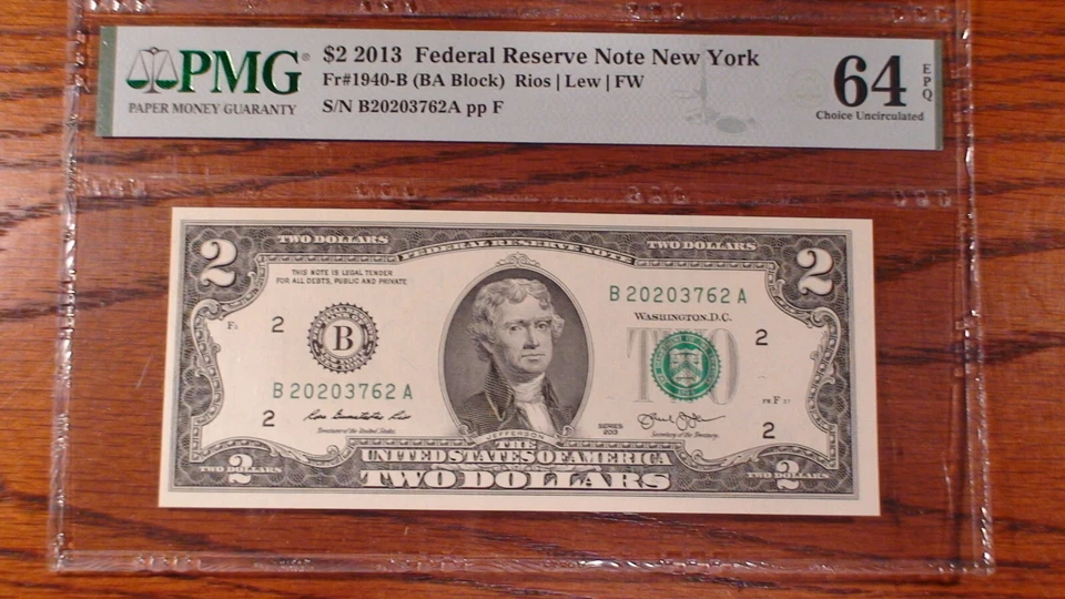 2013 & 2017 PMG CU64 GEM 66 EPQ $1.00 & $2.00 MATCHING SERIAL NUMBERS TWO NOTES! - Image 3 of 4