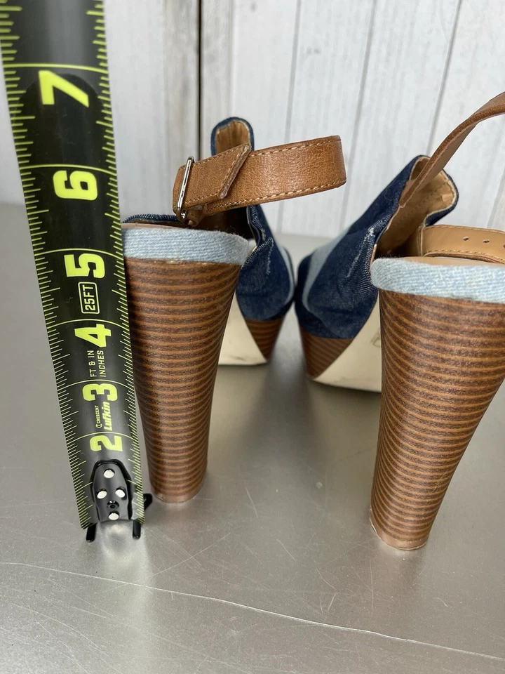 Call It Spring Blue Denim Open Toe Ankle Strap Patchwork Platform Size 9 - Image 4 of 4