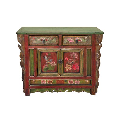 Chinese Distressed Red Green Flower Sideboard Credenza Cabinet cs7825
