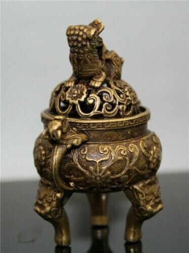 Vintage Original Chinese Brass carved small Dragon lion lid incense burner 23748 - Picture 4 of 6