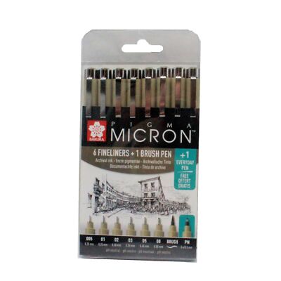Pigma Micron Pen Set 6 Fine Liner, 1 Pinsel 1 Everyday Sakura