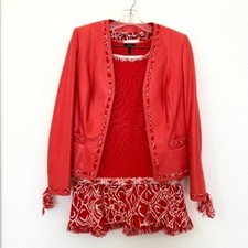 ESCADA Lambskin Leather Jacket Silk Top Skirt 3pc Set Red Designer EU 40 Luxury