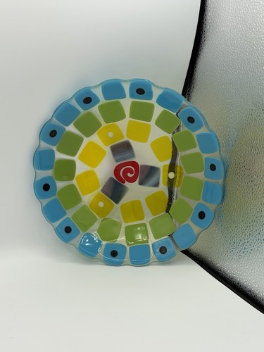 Colorful Mod Squares Dots Cheerful Handmade Fused Art Glass Bowl 11"