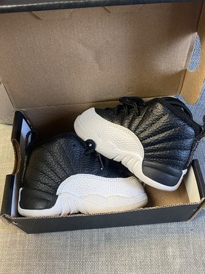 Jordan 12 Retro Toddler Sneakers Black White Red Leather Shoes Size 4C