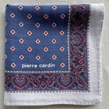 Vintage Handkerchief Blue Cotton Red Geometric Border Damask Pocket Square 18"