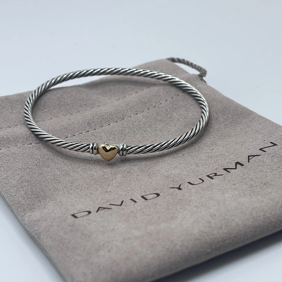 Brazalete Estación Corazón David Yurman 3mm Cable Plata Esterlina Oro Amarillo 18k Foto 3 de 4
