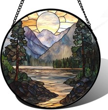 Stained Glass Window Hanging, Sunset Mountains Lake 7.8x7.8 IN, Yellow Green