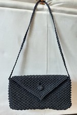 Vintage 70s Crochet Macrame Black Envelope Shoulder Bag Clutch Crossbody 48