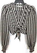 ZARA Women Gingham Crop Top Blouse Sz S Black White Tie Front Party Festival