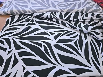 Slipper Satin  Leaf Abstract  Polyester Apparel Black White Tropica By the Yard 