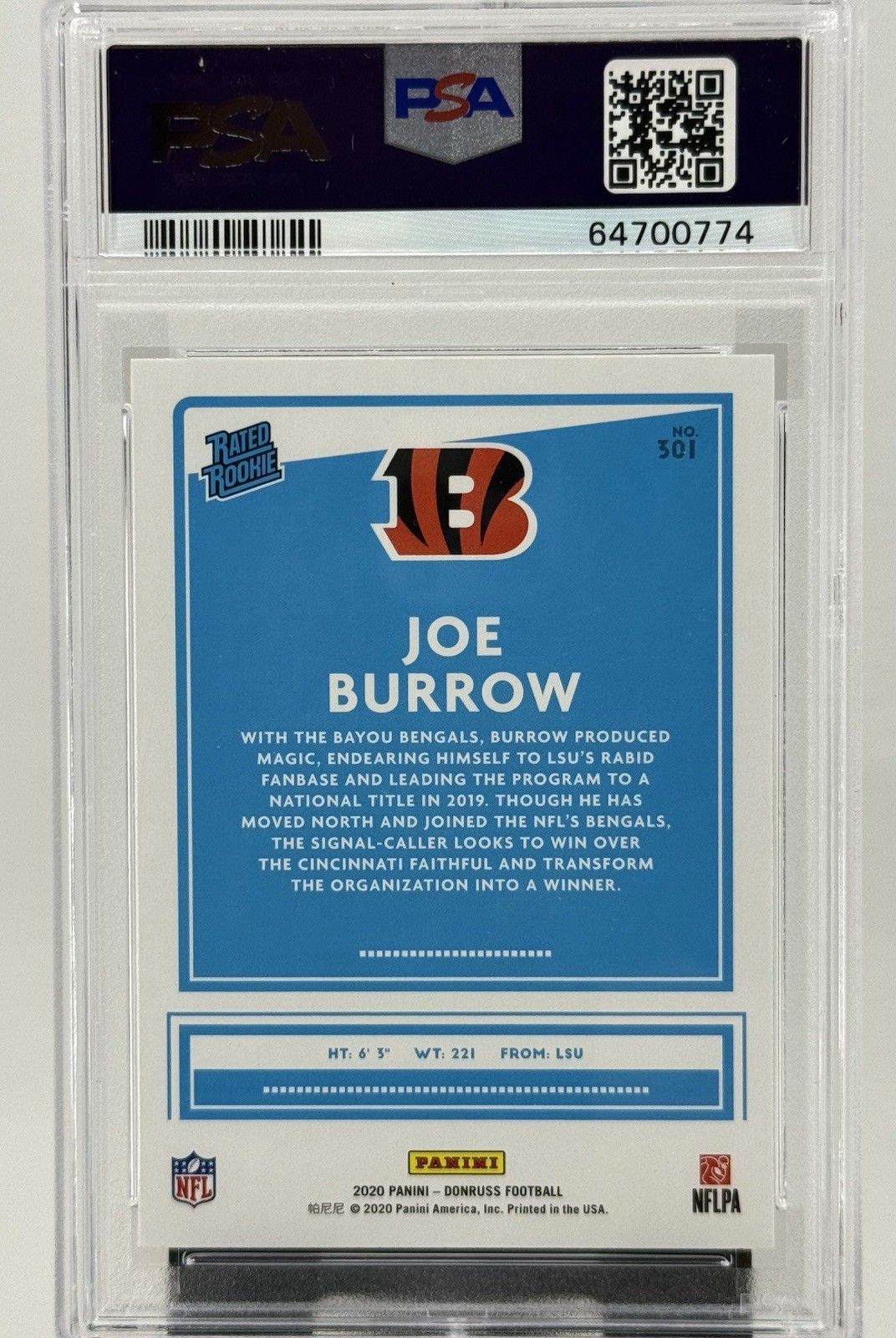 2020 Panini Donruss - Rated Rookie Joe Burrow #301 (RC) PSA 9 view 2