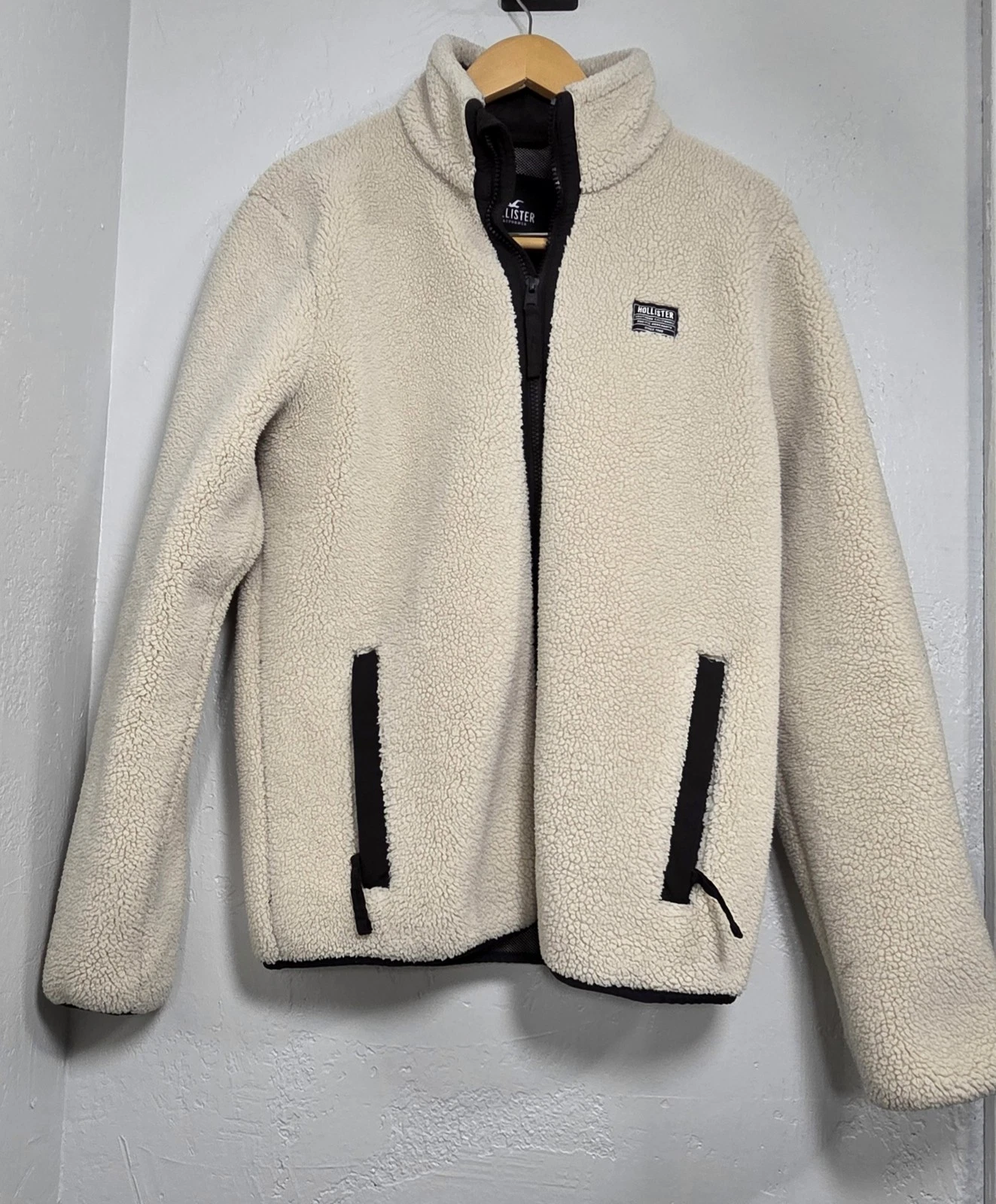 Hollister Epic Flex Men M Cream Sherpa Fleece FullZip Jacket Off White Pile Coat - product detail image 10