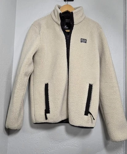 Hollister Epic Flex Men M Cream Sherpa Fleece FullZip Jacket Off White Pile Coat image 10
