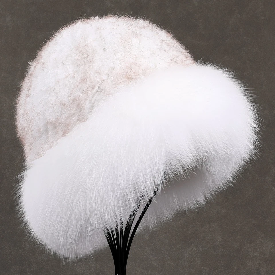Sombrero de invierno para mujer Sombreros de piel de conejo tejido con ala de piel de zorro grande gorra de cubo Foto 2 de 4