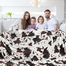 Queen 90x90 Inch Dark Brown Cow Print Fleece Blanket for Couch Bed All Seasons