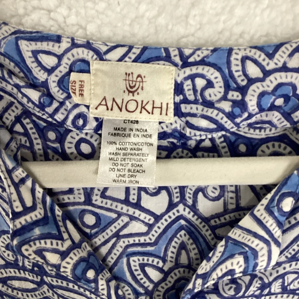 Anokhi Mujer Blanco Azul Estampado 100% Algodón Caftán Playa Cubrir Piscina Foto 3 de 4