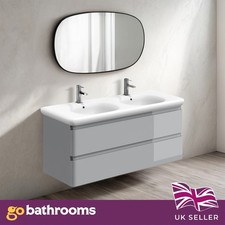 1200mm Wall Hung Vanity Unit Grey Gloss Bathroom Poly Resin Basin Double Sink