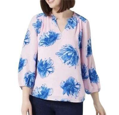 Gibson Top Women s Ruffle Neck Pleated XL  Pink Blue Flowers Elastic Sleeves
