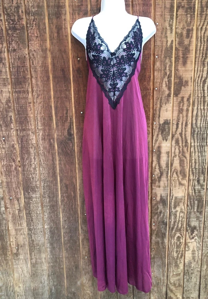 Винтажный 70 Adonna длинный подметания ночная рубашка SZ L высокий бордовый красный черный кружева романтический - Изображение 2 из 4