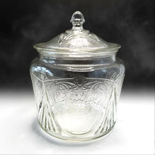 💠 Hazel Atlas Royal Lace Clear Depression Glass Cookie Biscuit Jar w/Lid 1930s