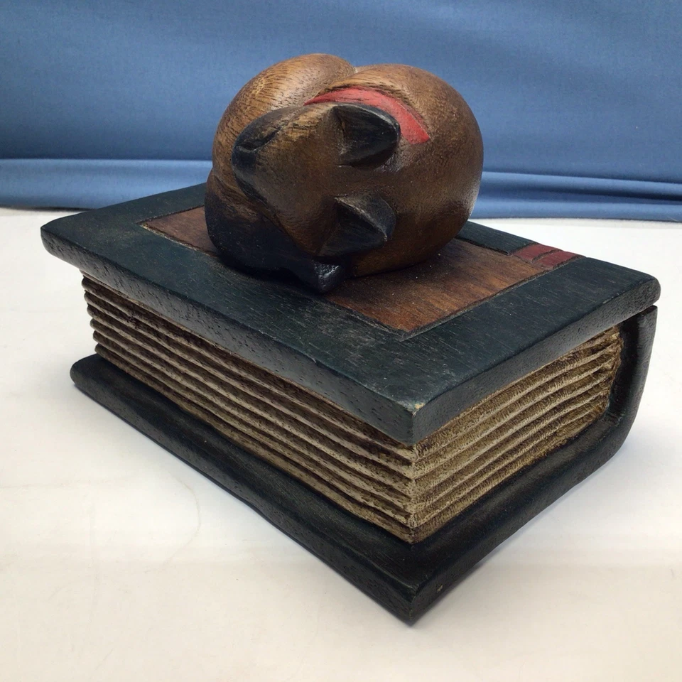 Hand Carved Wooden Sleeping Siamese Cat on Book Trinket Box Hinged Lid - Image 2 of 4
