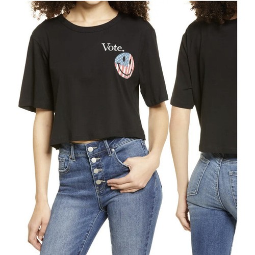 La La Land Creative Co Womens Medium Vote Tshirt Crop Top Happy Face