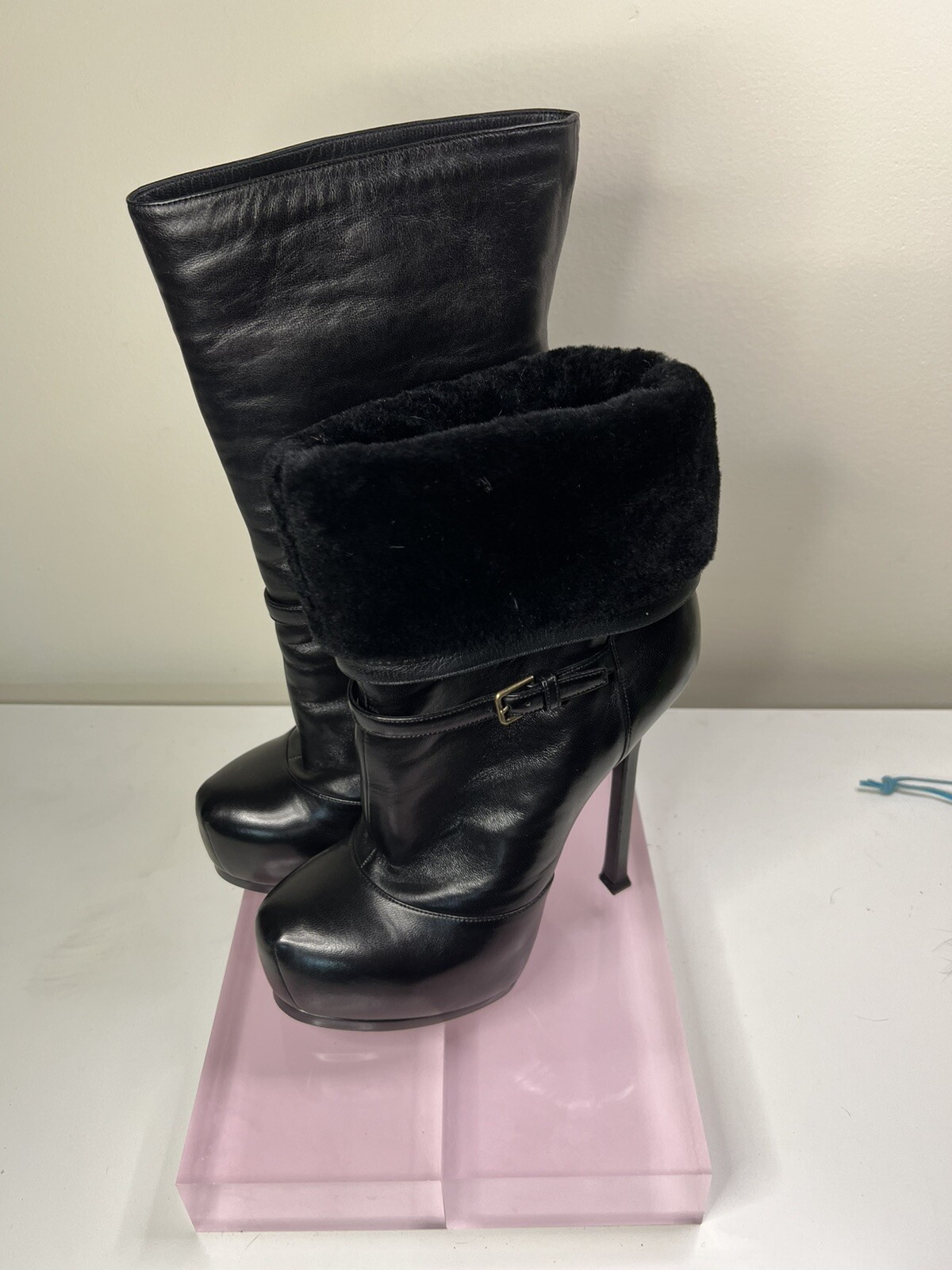 Stivali stiletto Yves Saint Laurent YSL Tribtoo in pelle nera plateau donna 37 5
