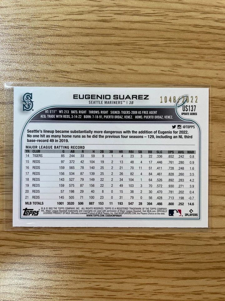 2022 Topps Update Eugenio Suarez Gold Parallel /2022 #US137 Seattle Mariners - Image 3 of 3