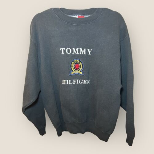 Pull brodé Tommy Hilfiger sweat-shirt écusson logo homme grand gris vintage - Photo 1 sur 3