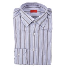 Isaia Modern 'Mix Fit' Sky Blue and Brown Stripe Cotton Dress Shirt 14.5 Eu 37 