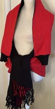 Poncho Women Shawl Cape Winter Wrap Warm Cloak Black Red Soft w/Cuffs OSFM - USA