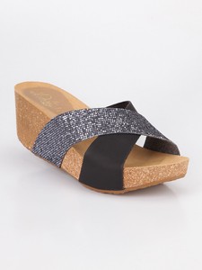 Ciabatte con zeppa alta tipo sughero fasce incrociate nere glitter Donna Ciabatte con zeppa alta tipo sughero fasce incrociate nere glitter Donna