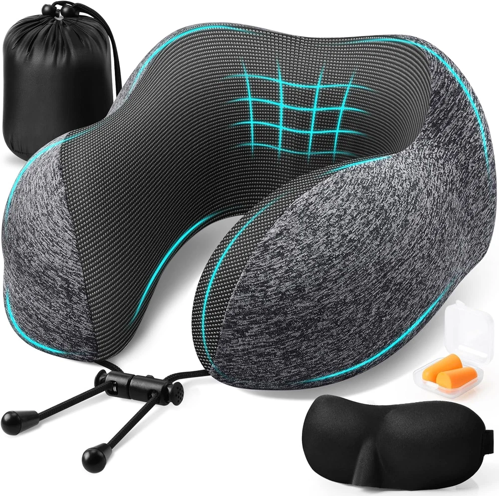 Travel Pillow Set - Memory Foam Neck Pillow, Eye Mask, Earplugs, Storage Bag