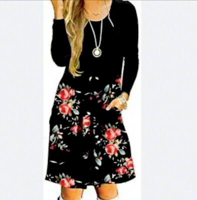Amazon Women's Black Long Sleeve Crew Neck Floral Fit & Flare Dress M NWOT  | eBay