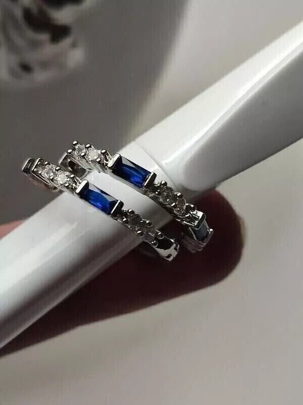 2Ct Baguette Blue Sapphire Hoop Earrings in 14K White Gold Plated for Women